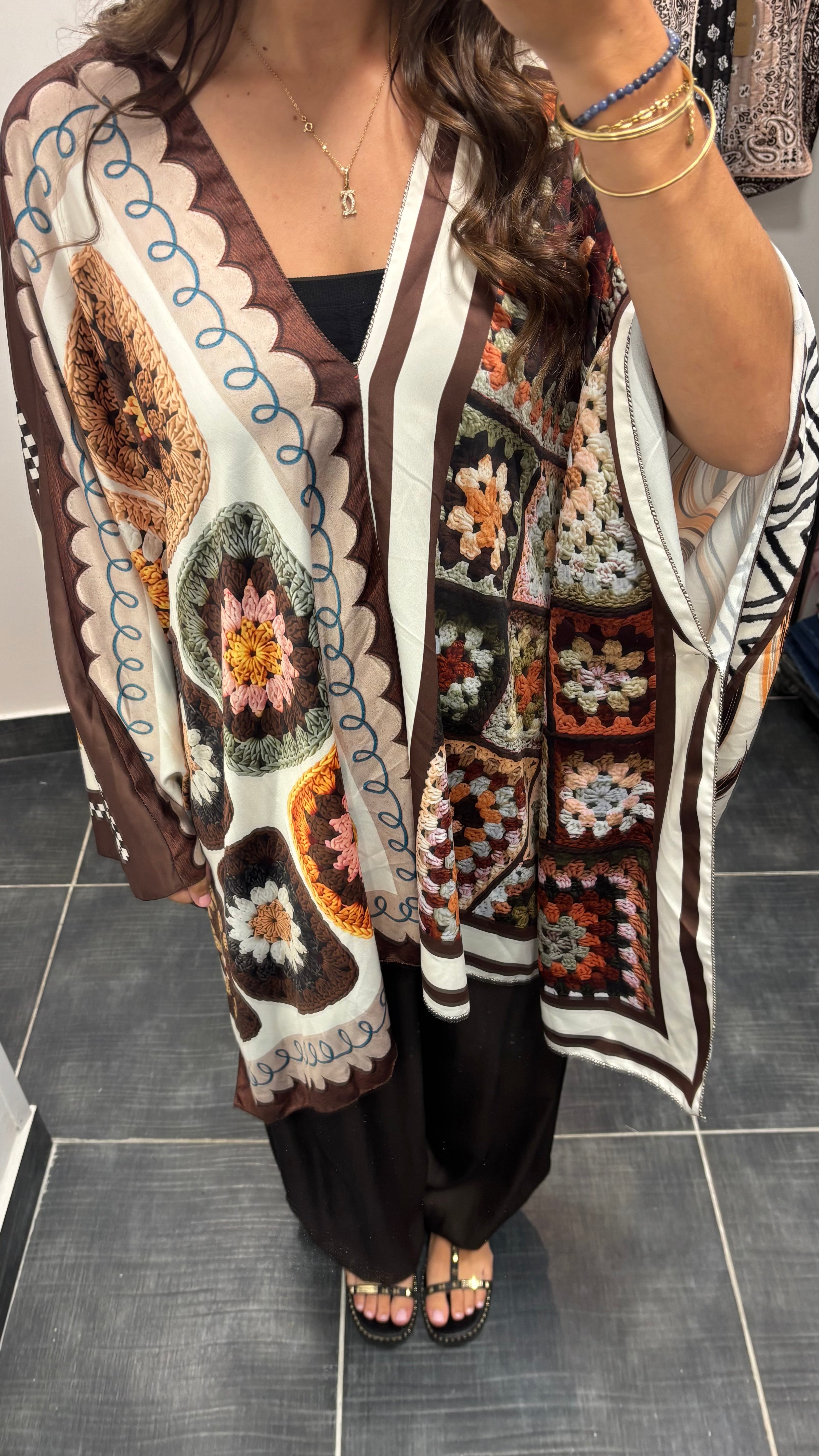 Poncho large imprimé bohème PONCHO Chocolat
