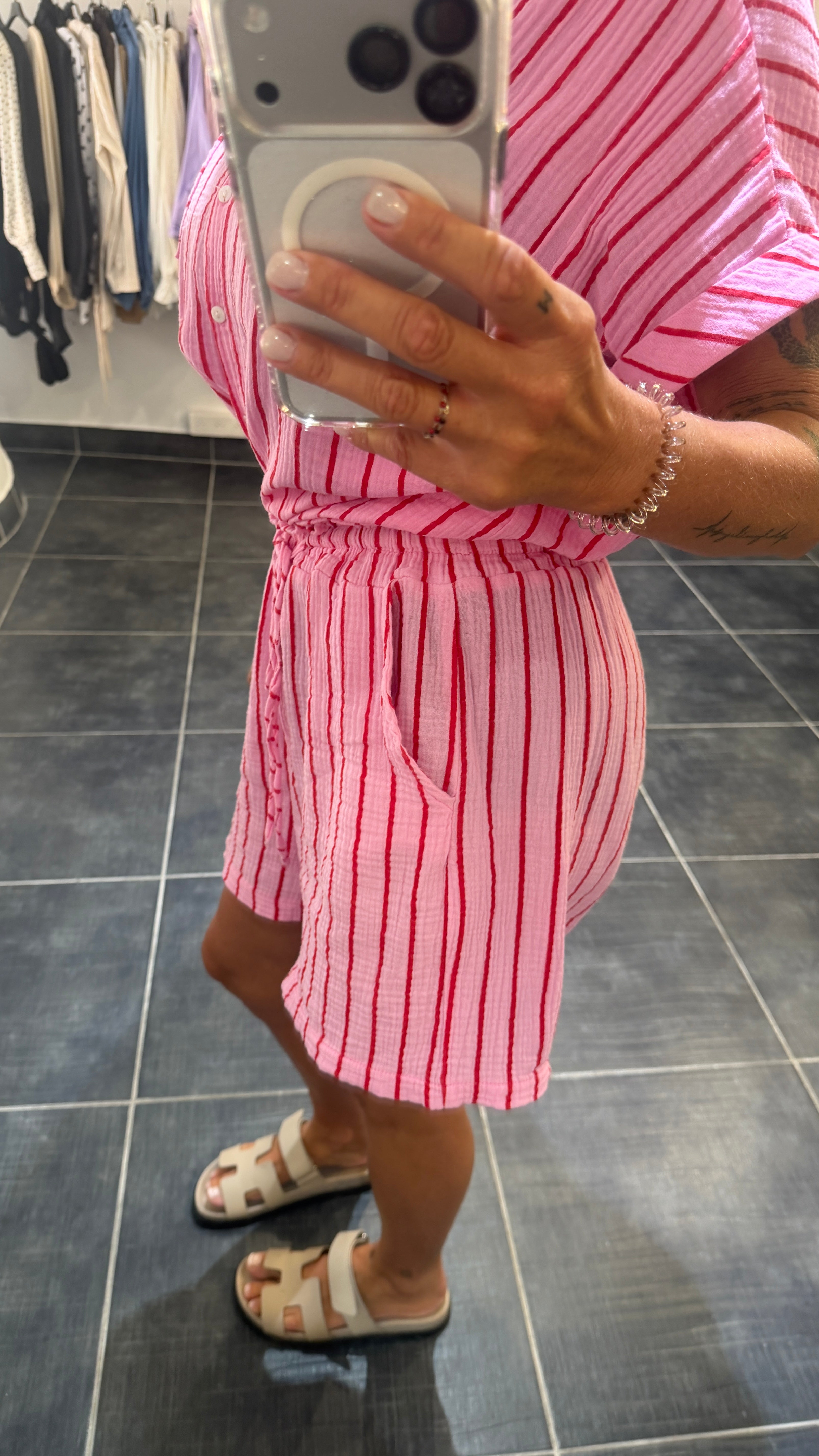 Short gaze de coton rayé NACCIA Rose