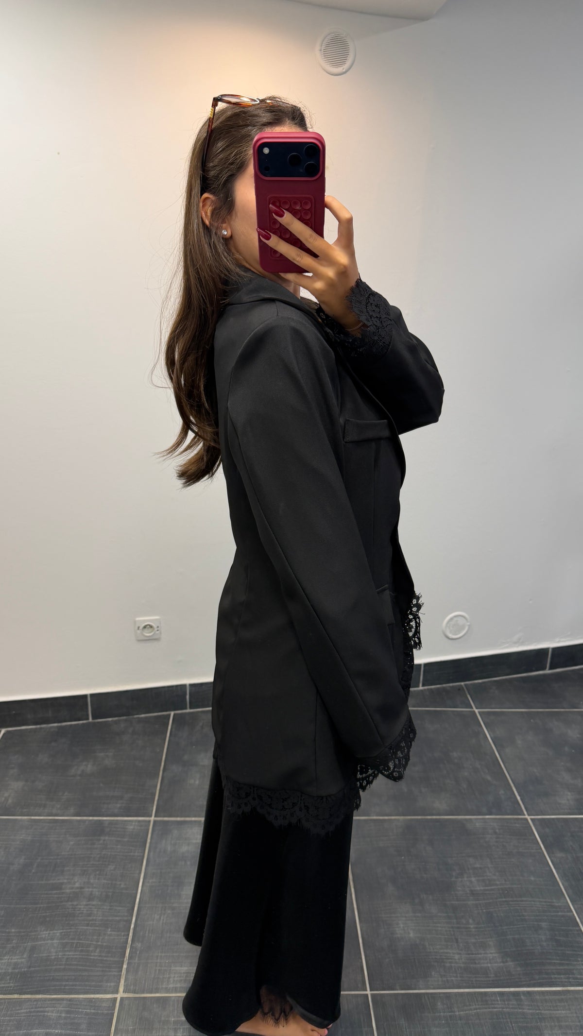 Blazer long finitions dentelle JOHAN Noir