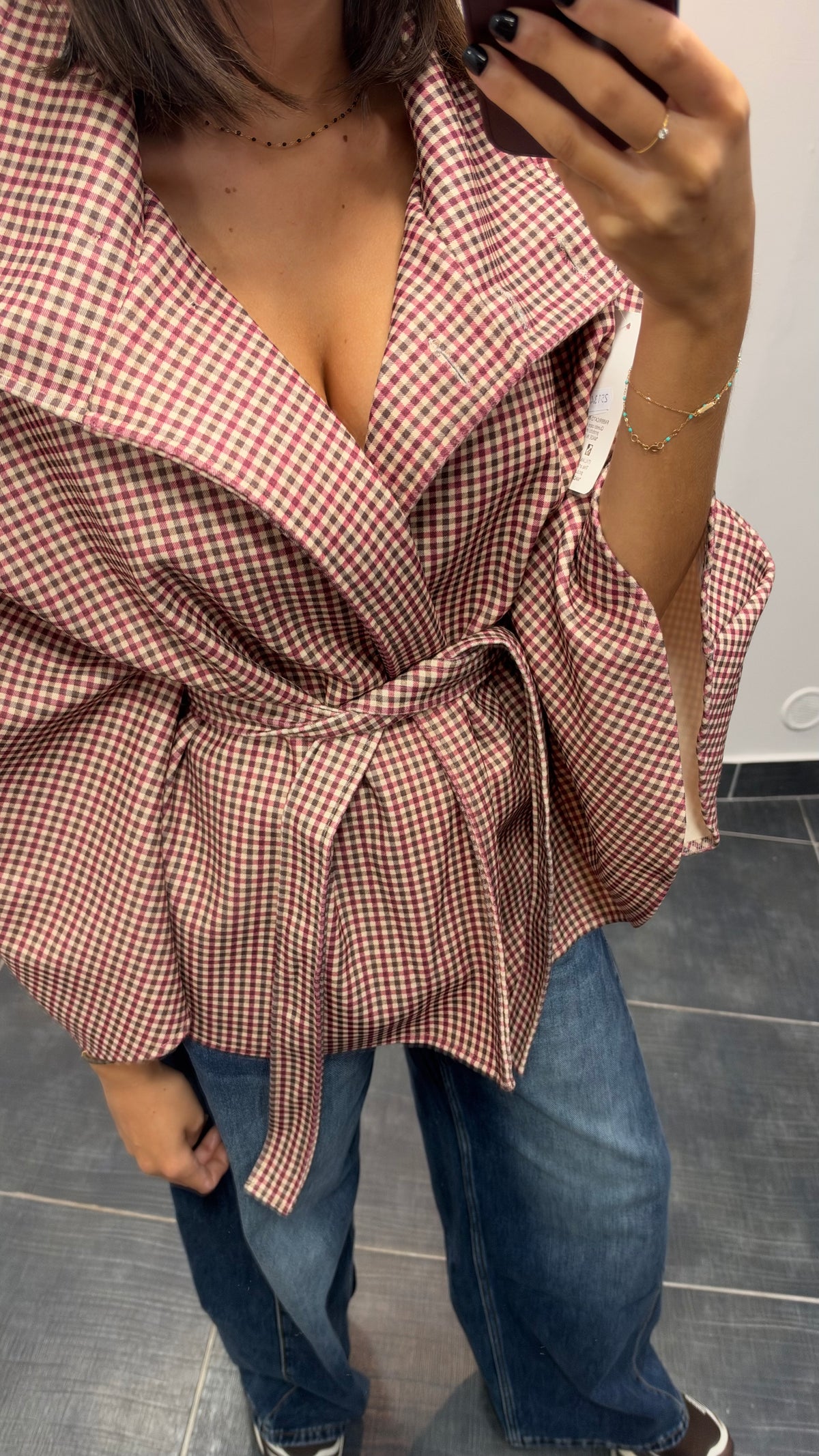 Cape à carreaux avec ceinture LENA Bordeaux