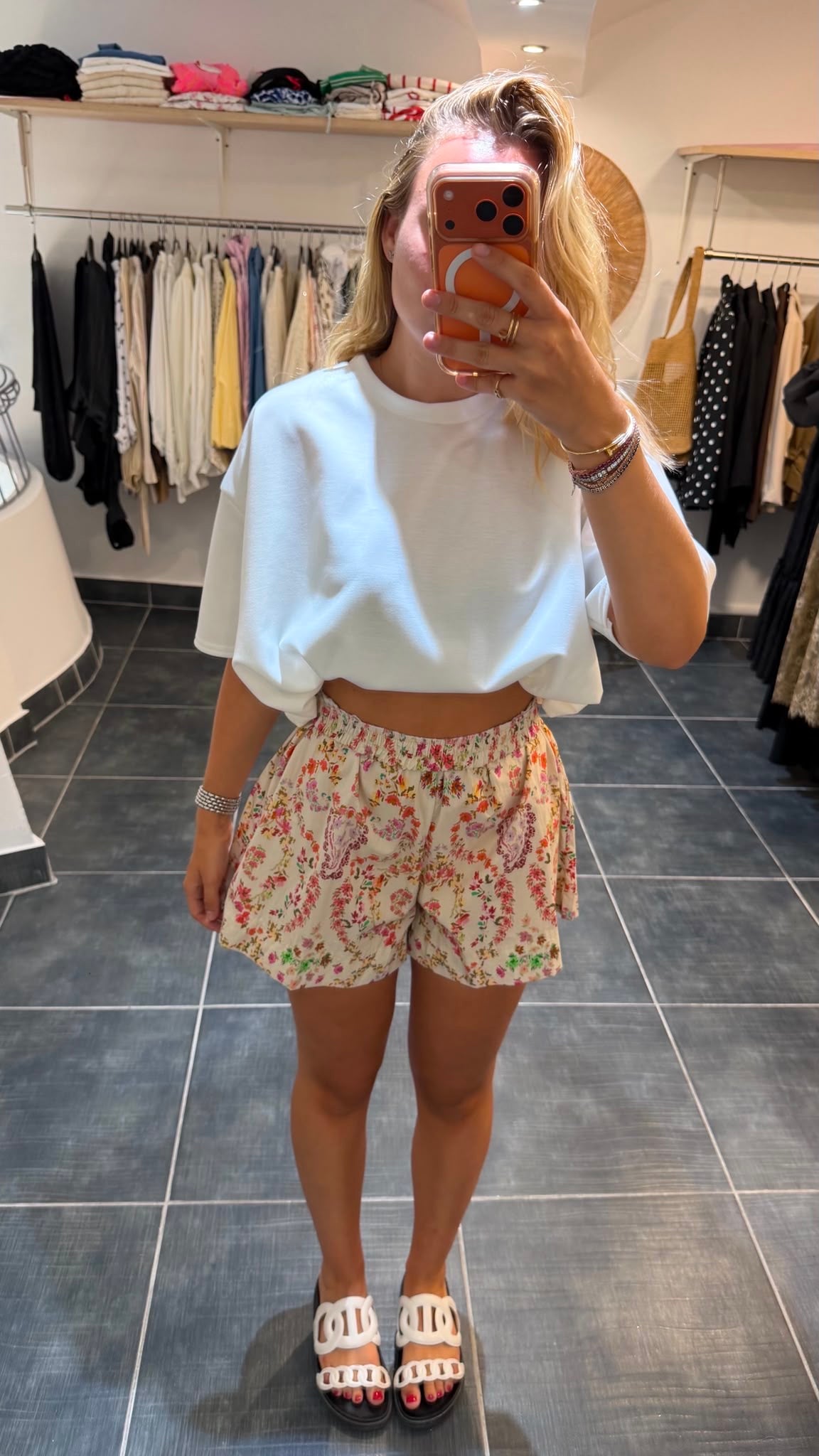 Short en coton Fleuri BELLA Ecru