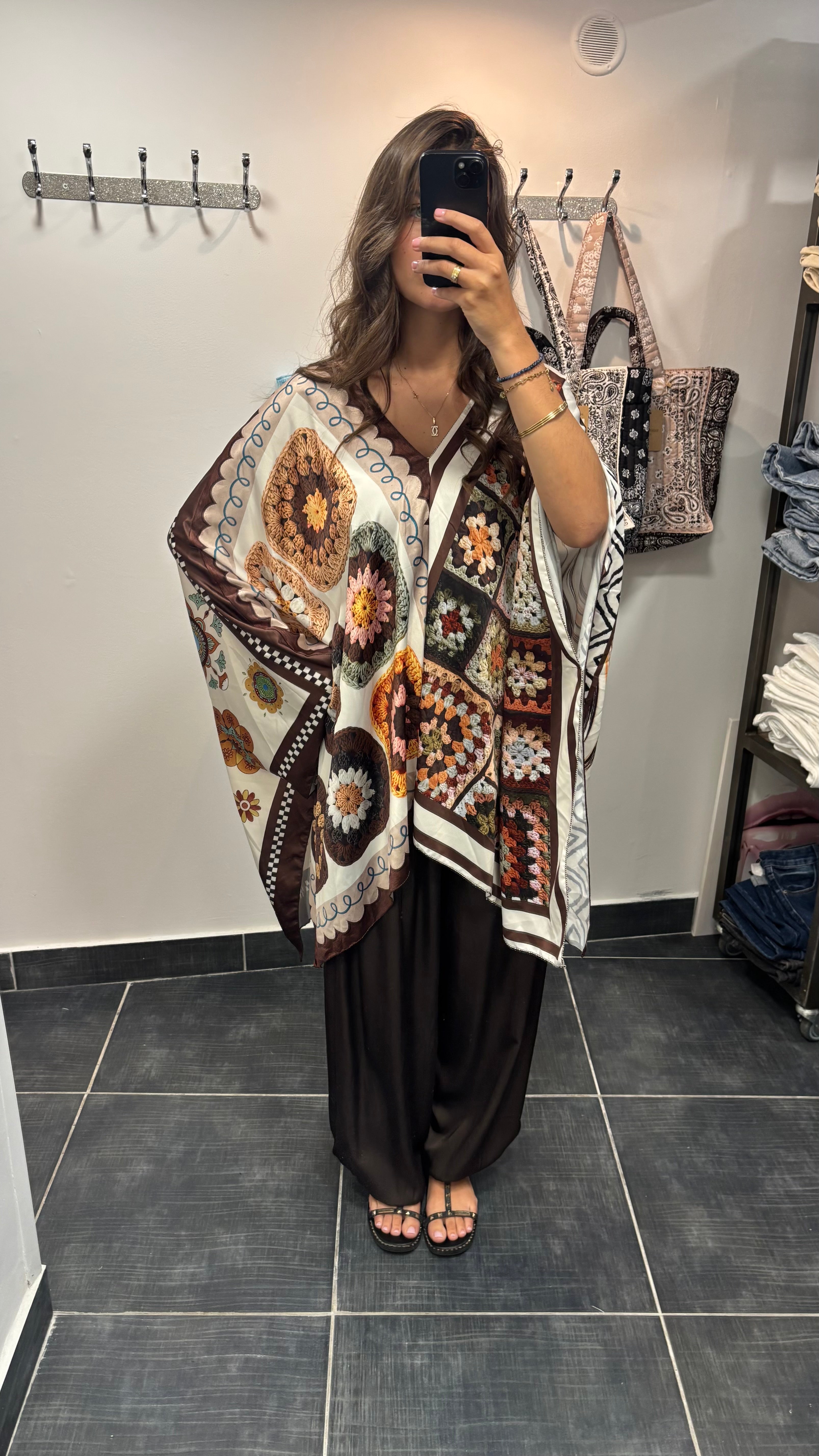 Poncho large imprimé bohème PONCHO Chocolat