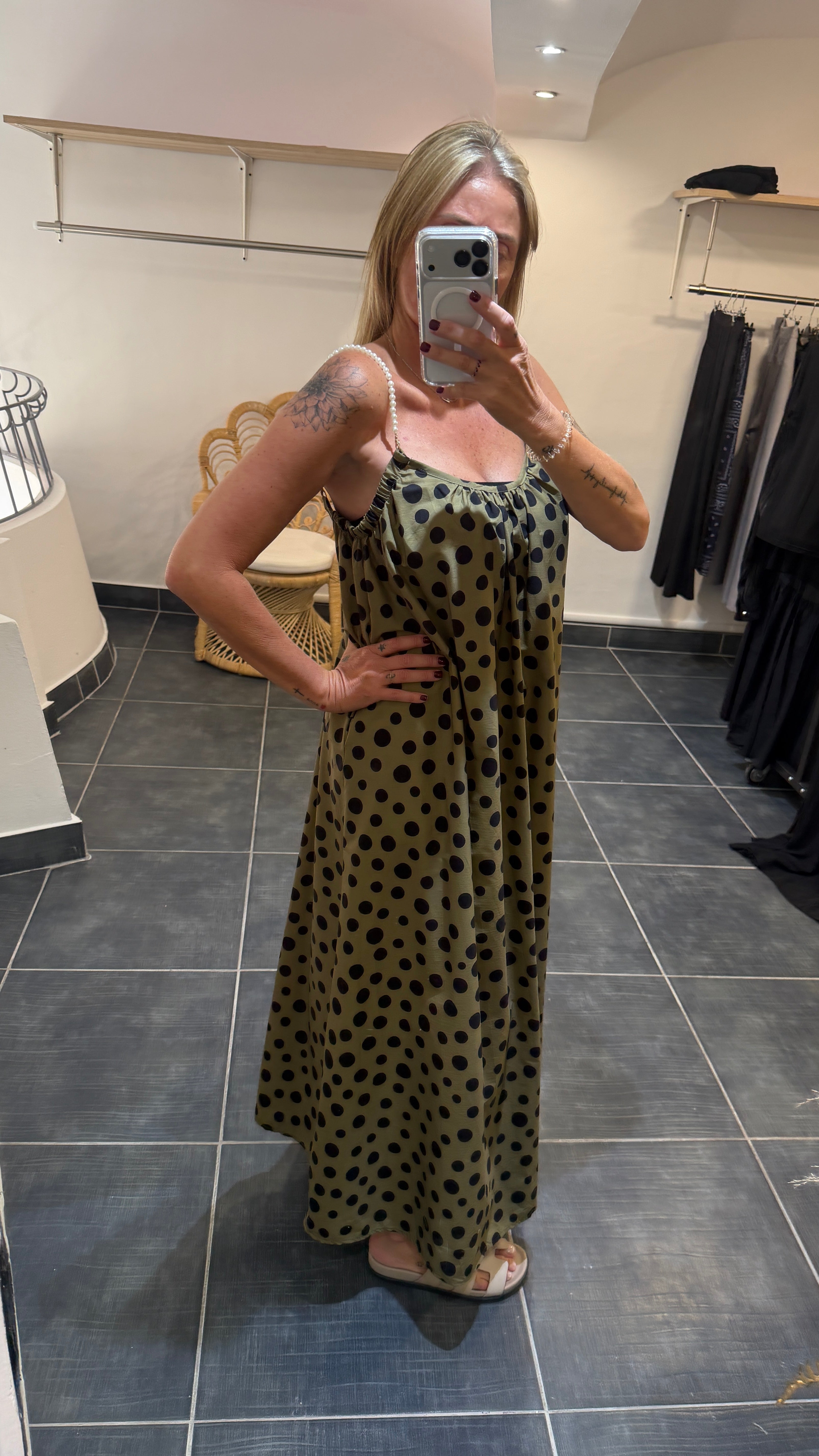 Robe Longue à pois Bretelles Perlées ELEA Kaki