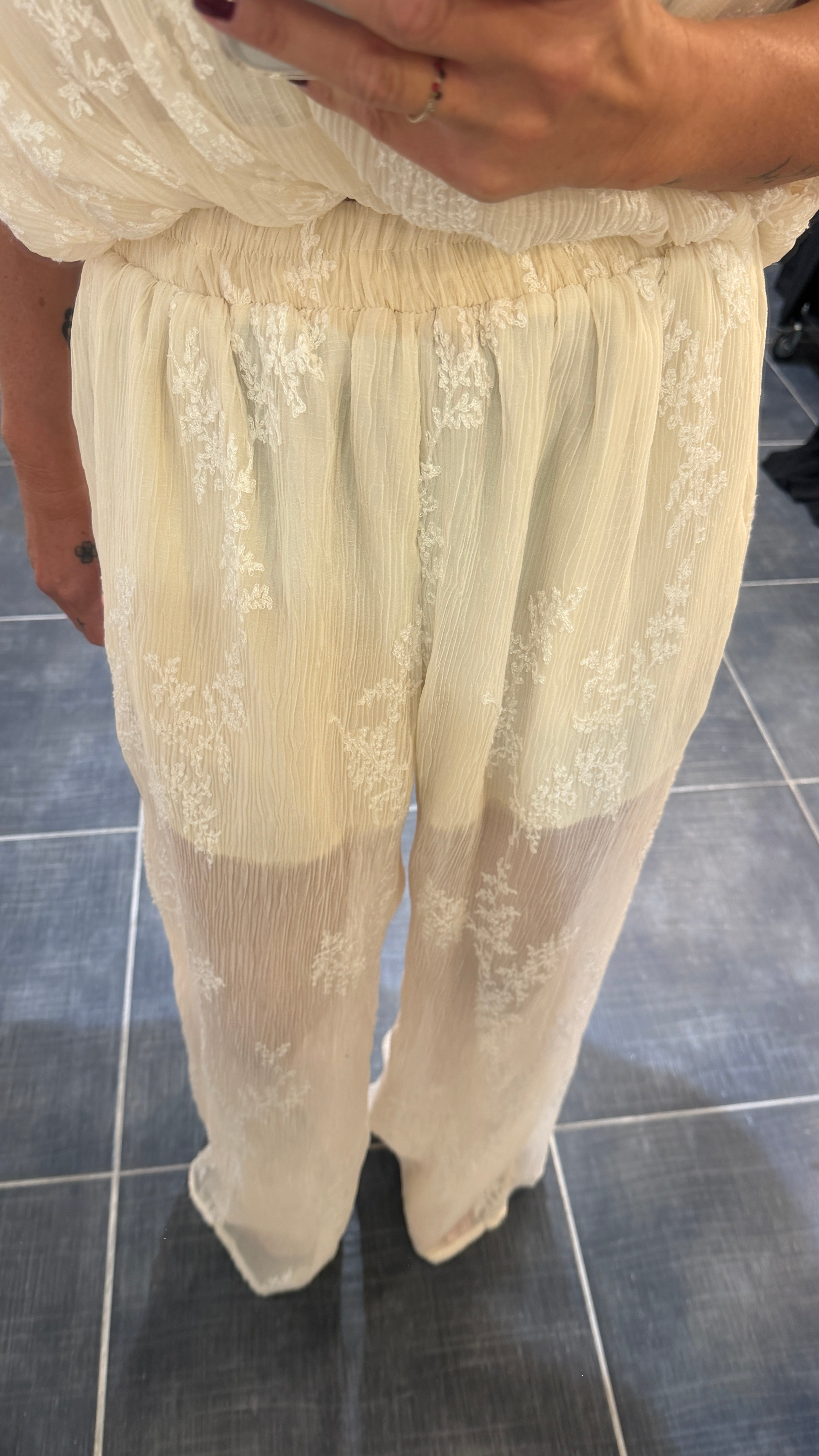 Pantalon broderies florales MARLO Ecru
