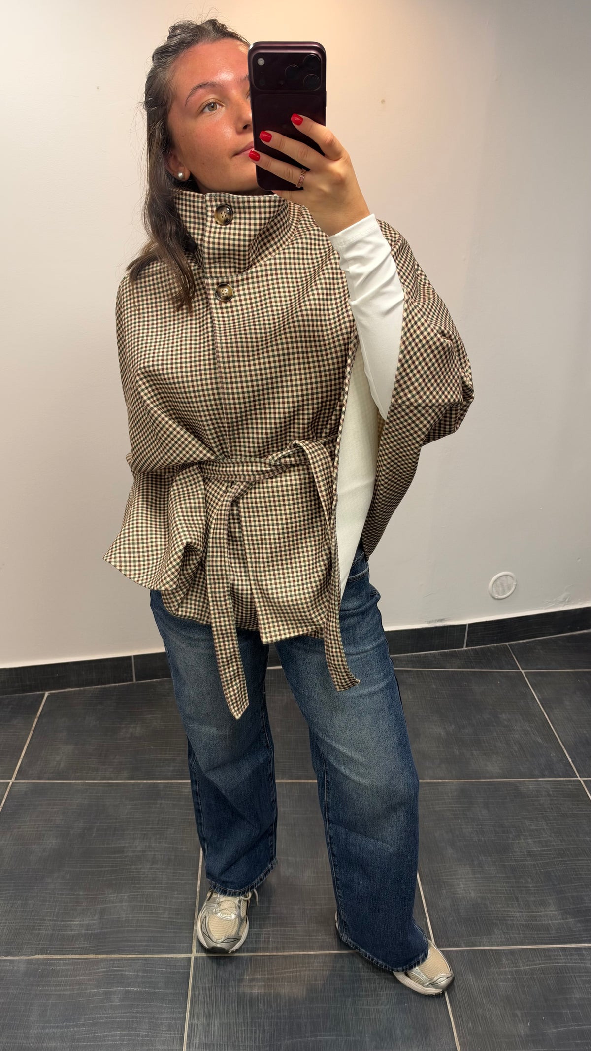 Cape à carreaux avec ceinture LENA Kaki