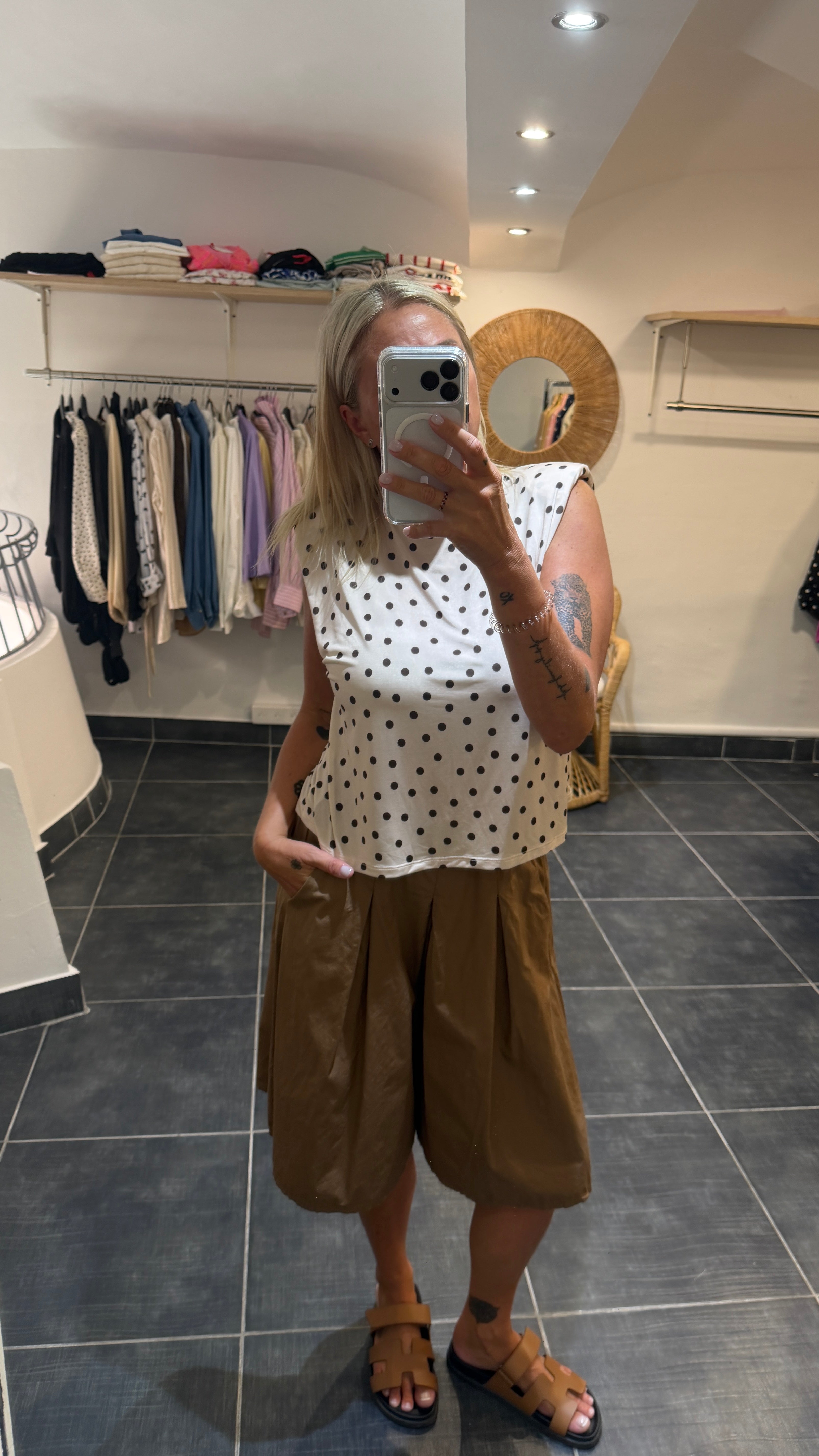 Top fluide à épaulettes imprimé pois PAULETTE Écru