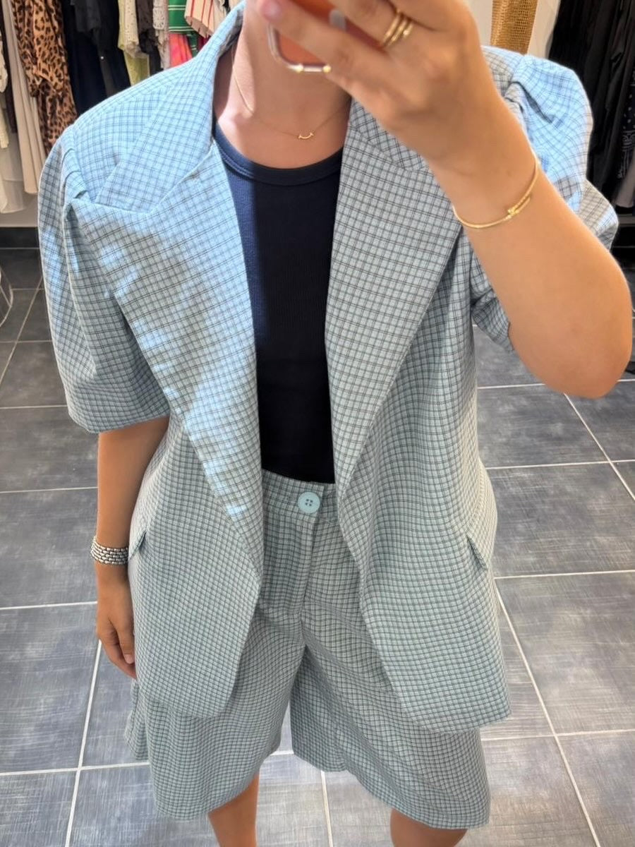 Blazer manches courtes croisés à carreaux DANIEL Bleu ciel