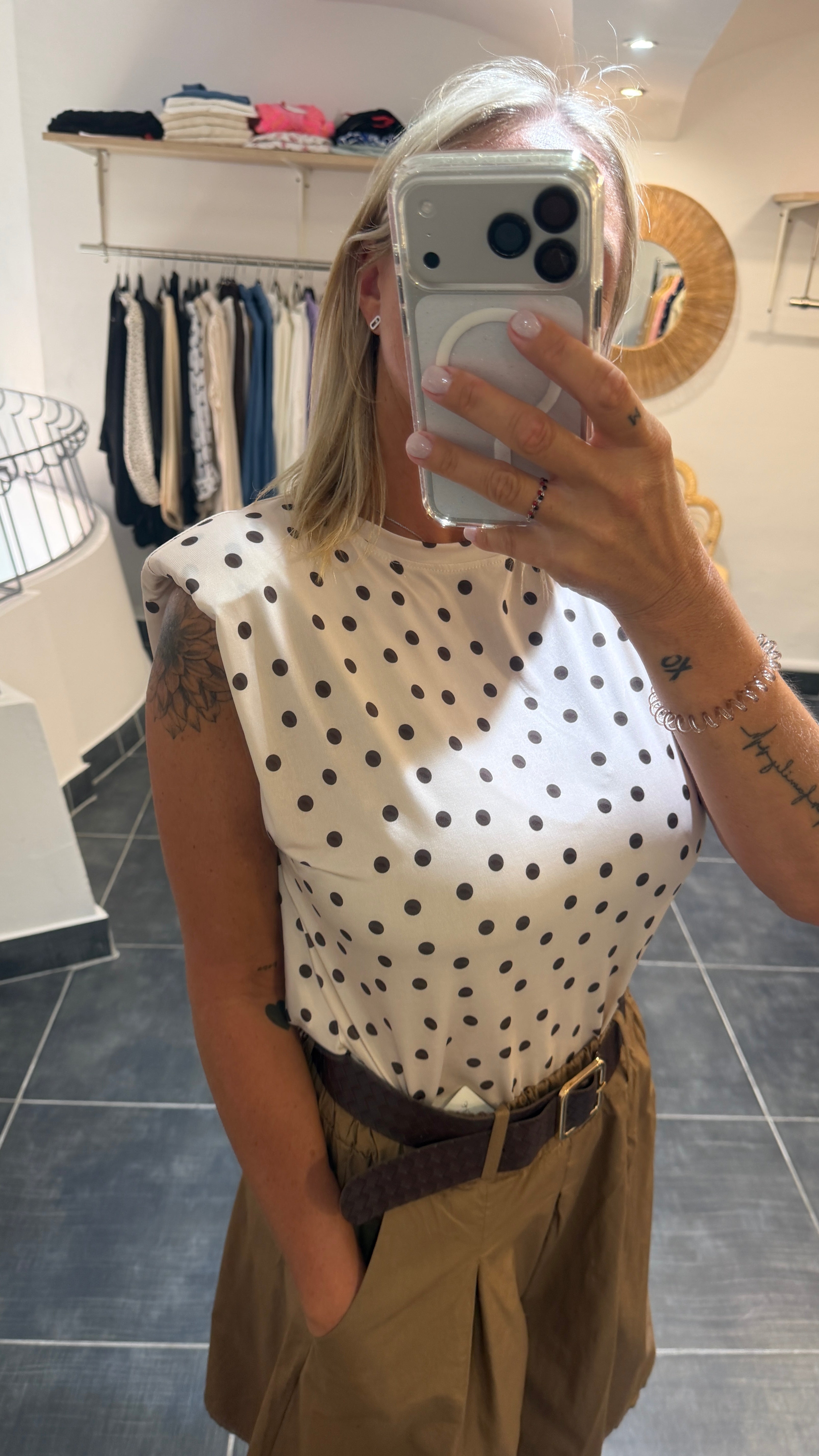 Top fluide à épaulettes imprimé pois PAULETTE Écru