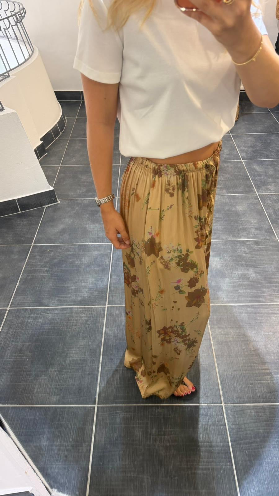 Pantalon Fluide soyeux Fleuri ALAIN Camel