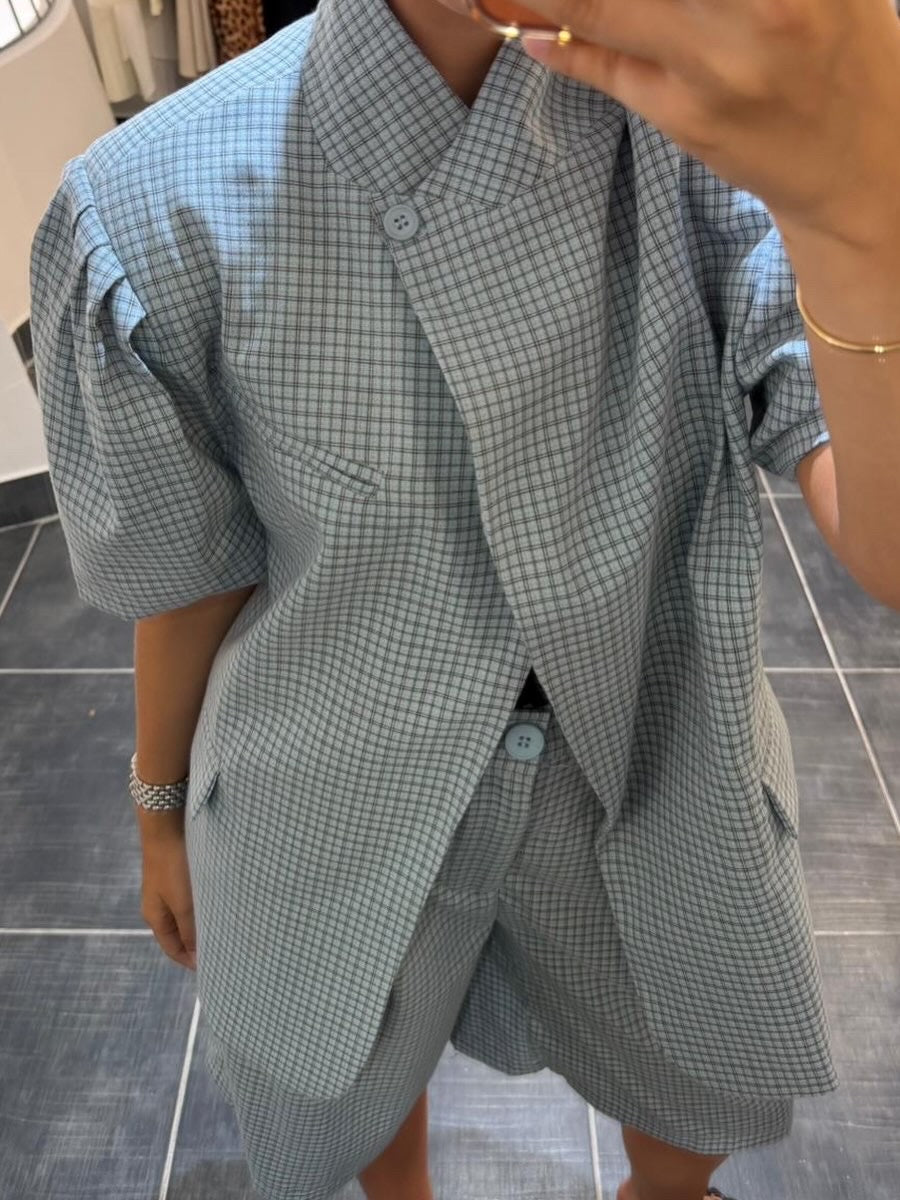 Blazer manches courtes croisés à carreaux DANIEL Bleu ciel