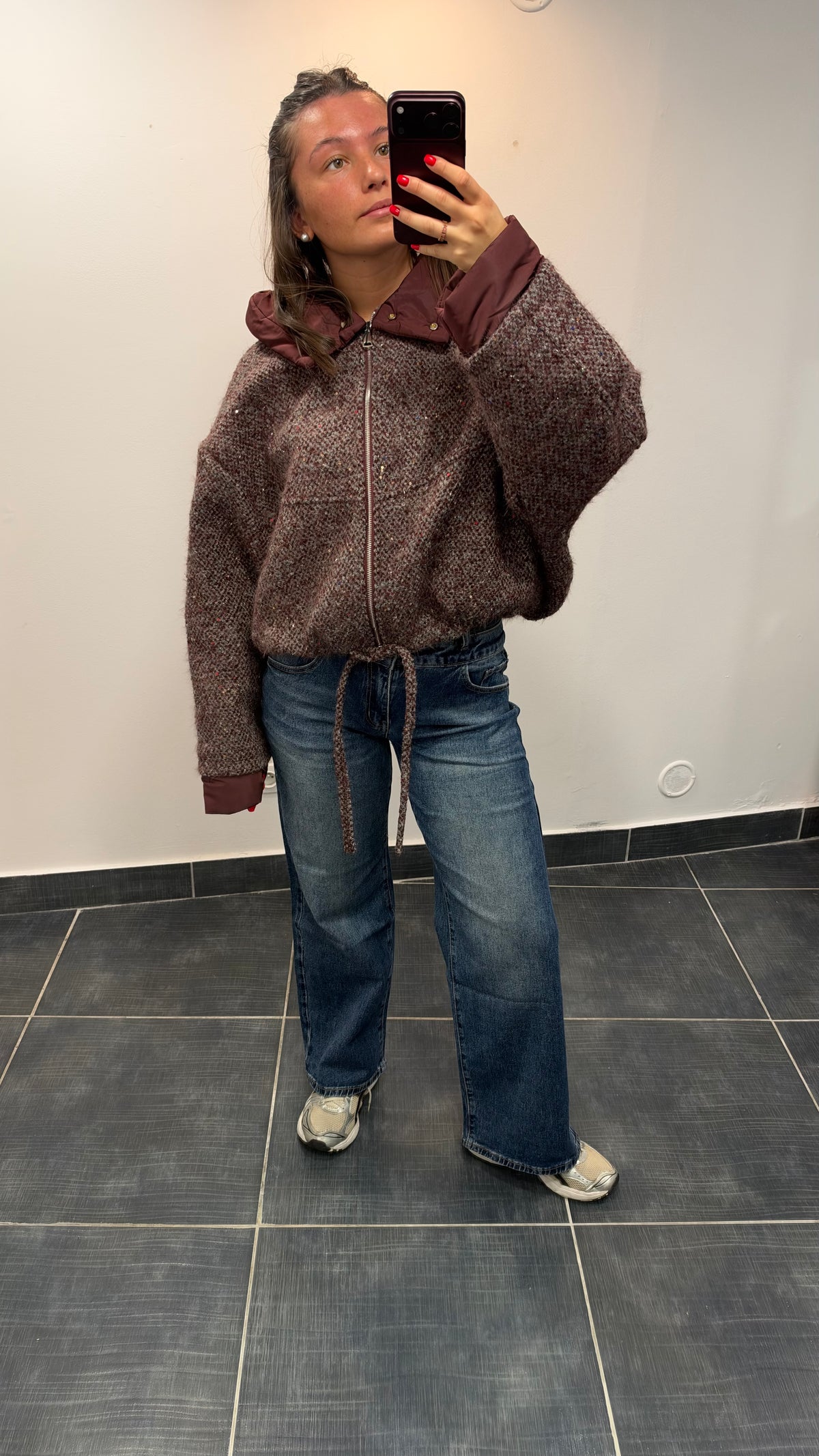 Veste zippée à capuche en Tweed FLUFFY Bordeaux
