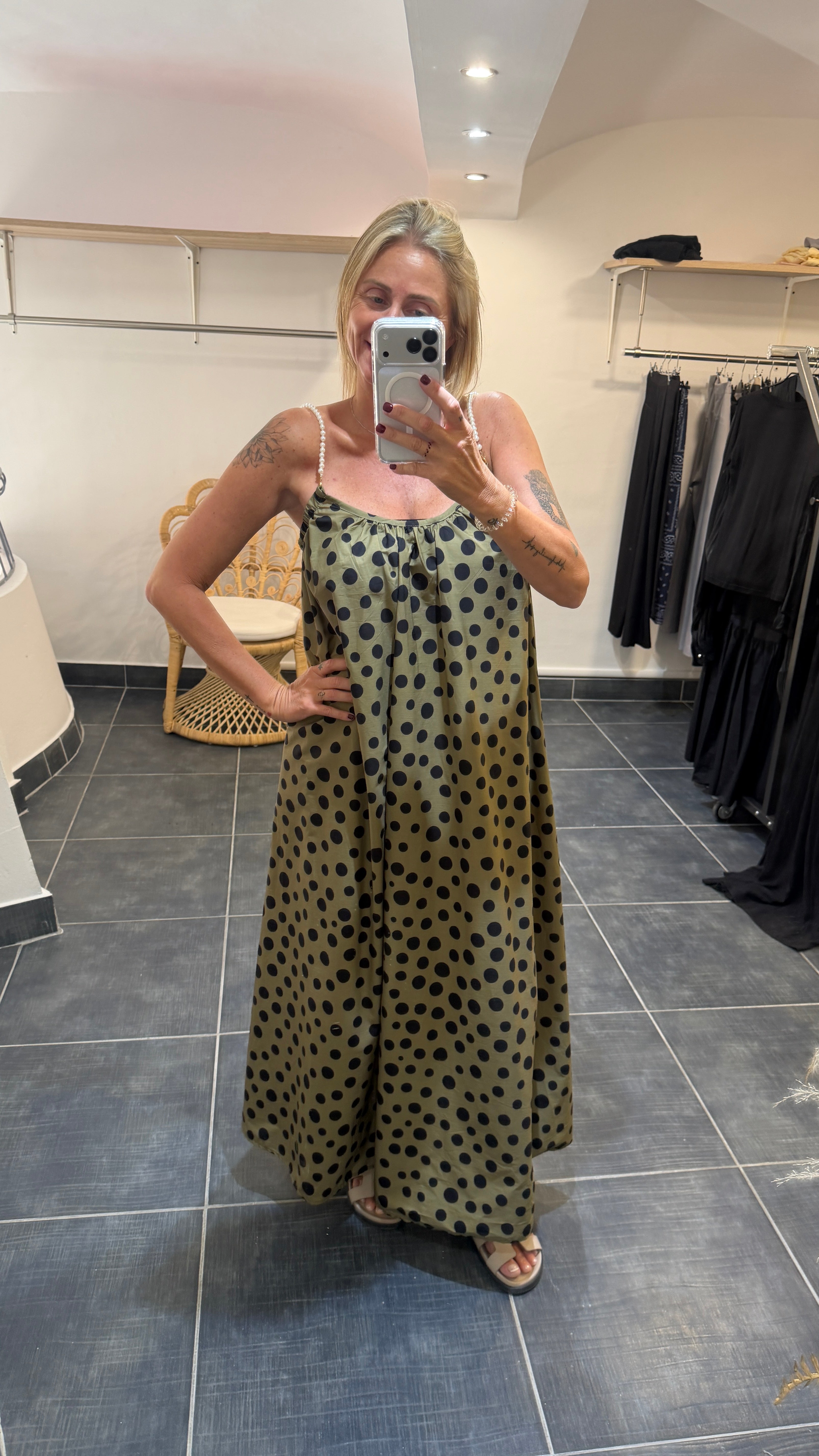 Robe Longue à pois Bretelles Perlées ELEA Kaki