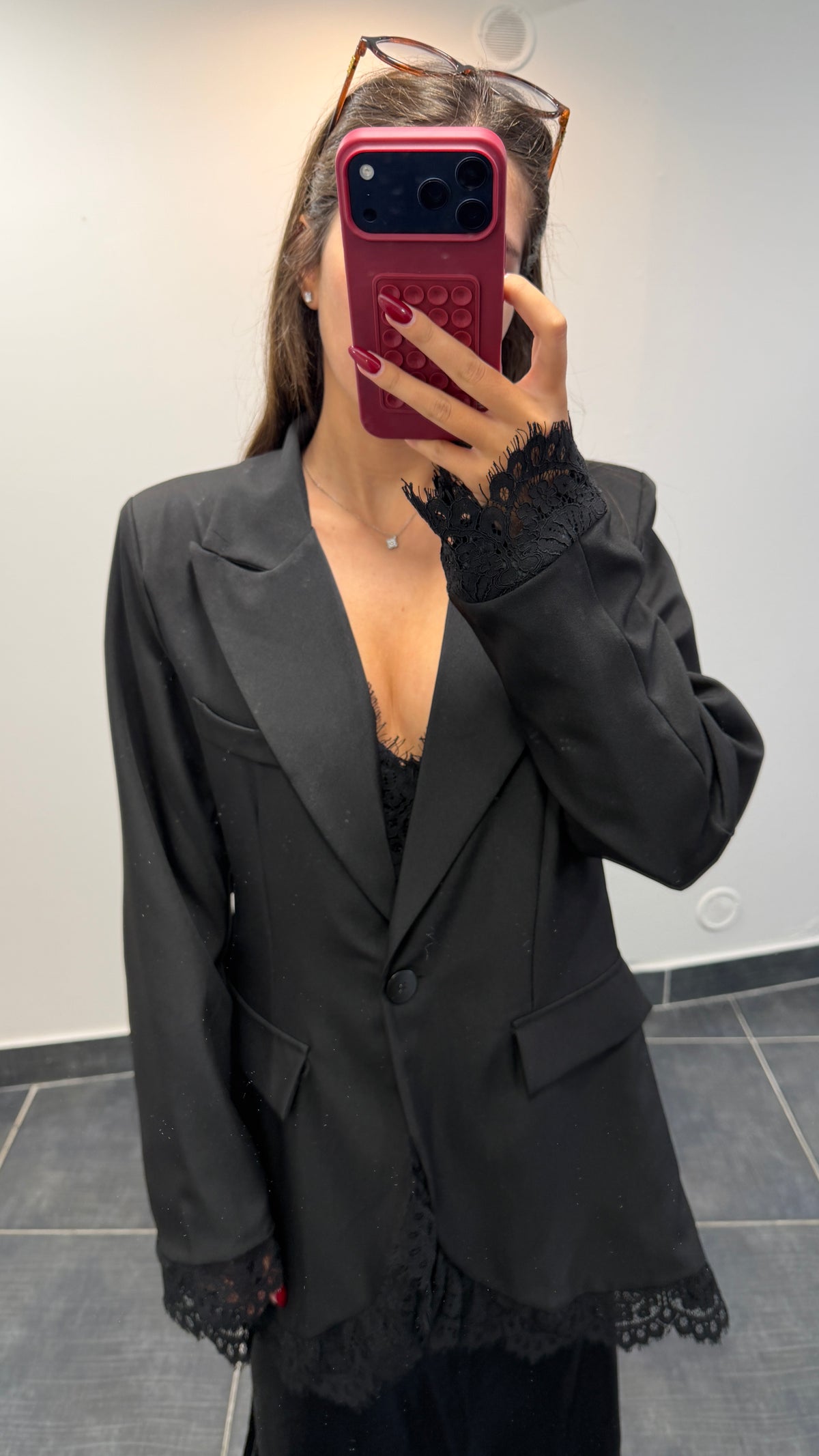 Blazer long finitions dentelle JOHAN Noir