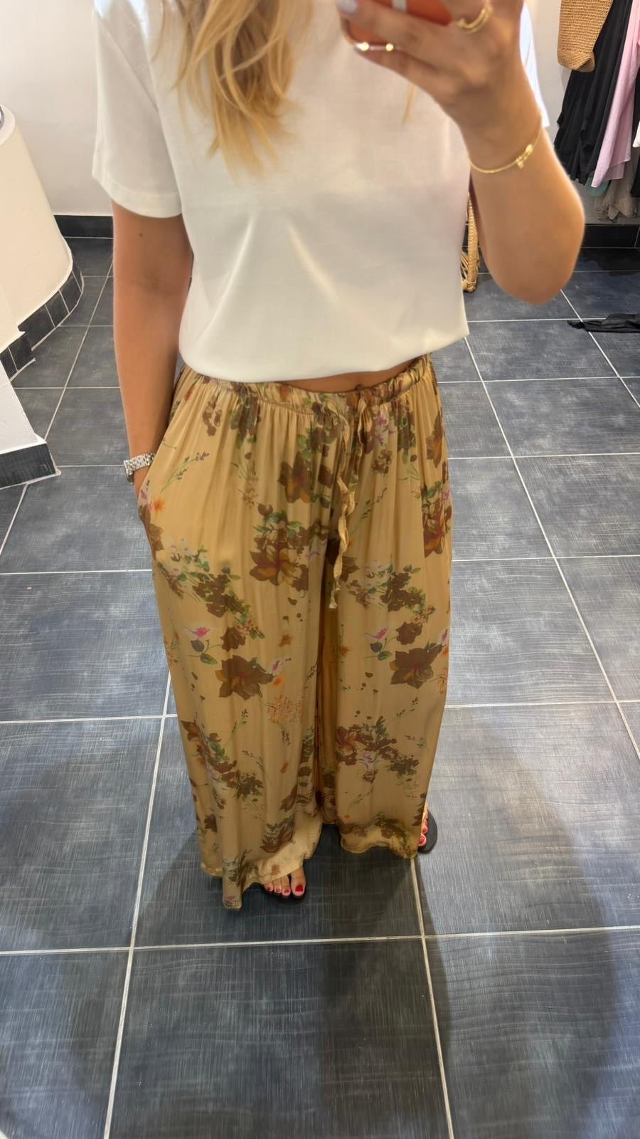 Pantalon Fluide soyeux Fleuri ALAIN Camel