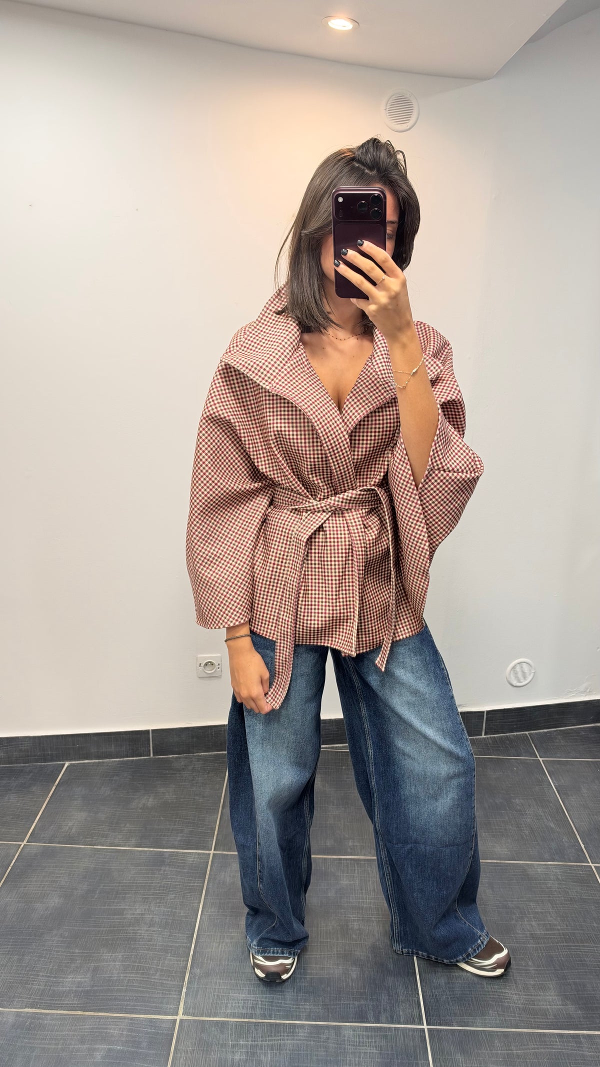 Cape à carreaux avec ceinture LENA Bordeaux