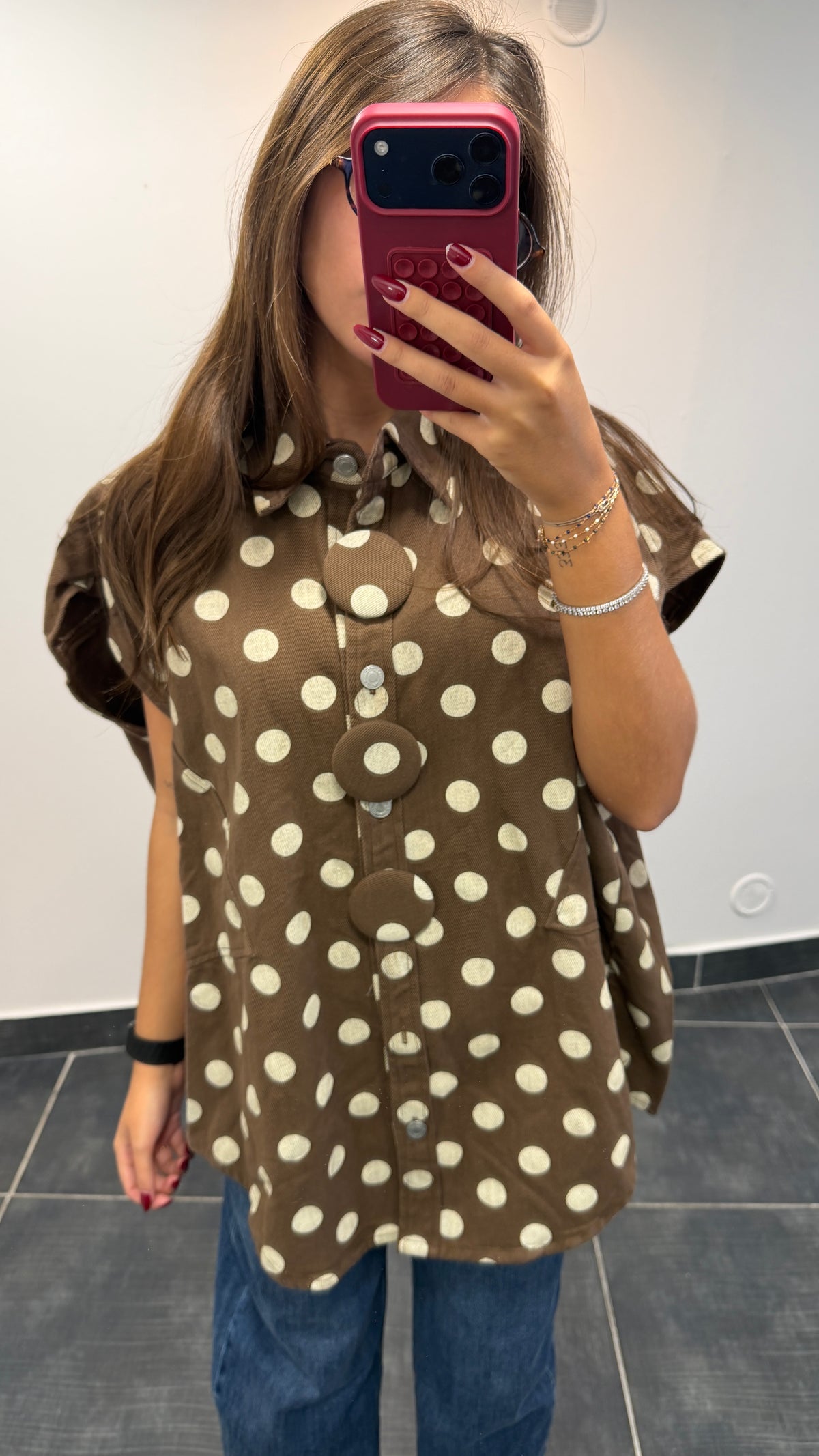 Veste en jean sans manches à pois PAULINE Chocolat