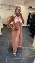 Robe Longue Bretelles Perlées ELORA Rose