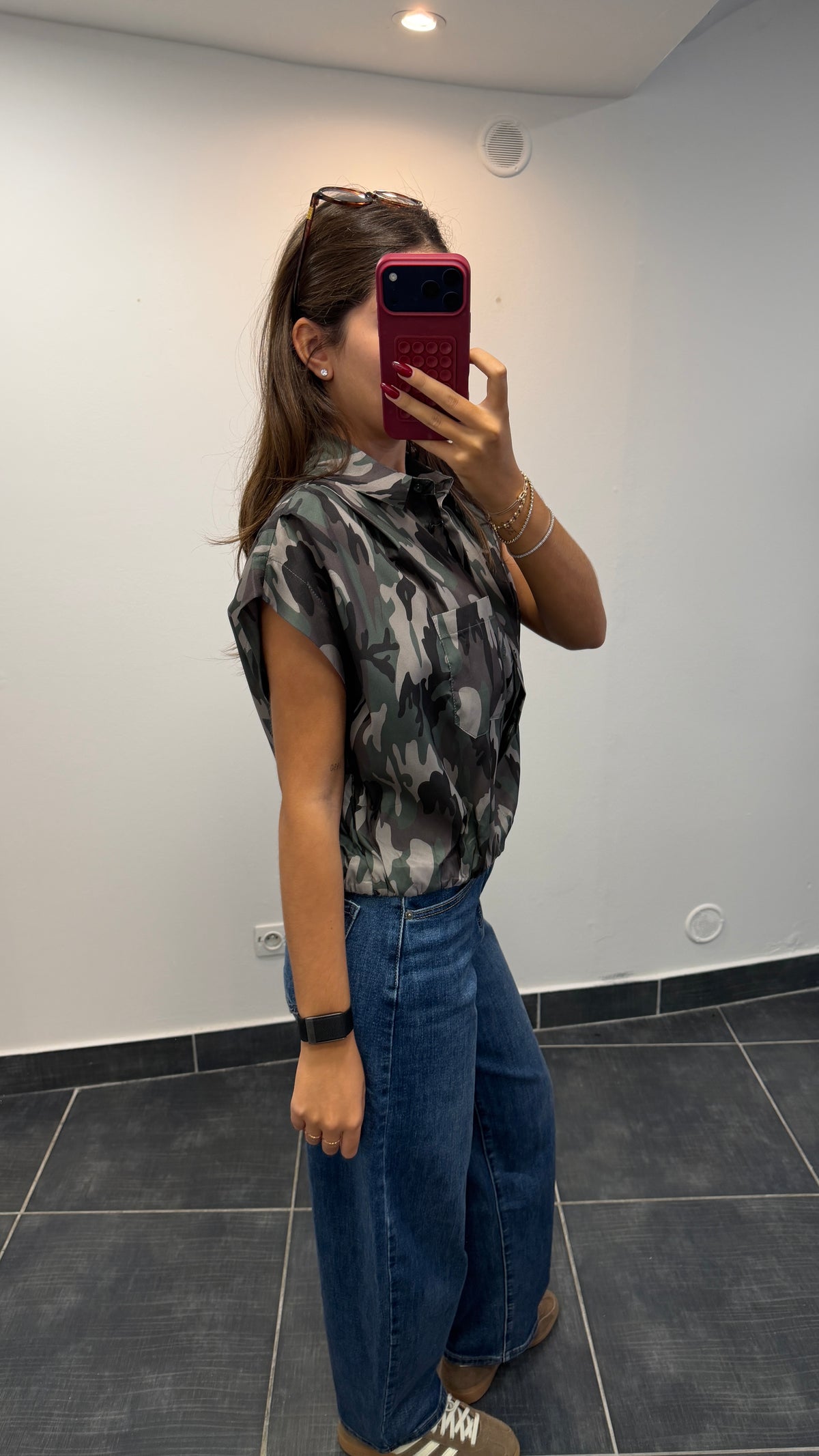Blouse élastiquée imprimé camouflage MYLÈNE Kaki