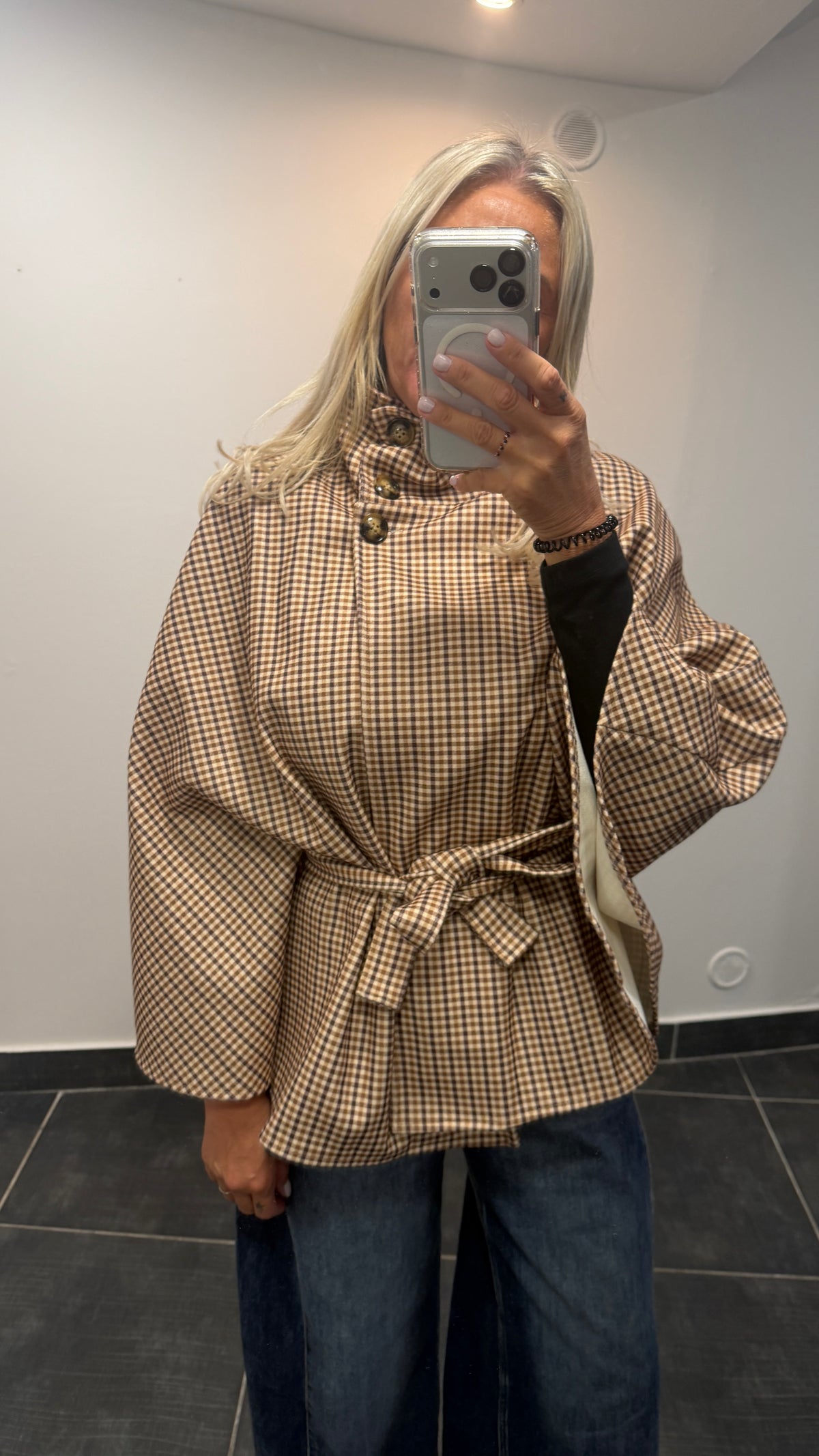 Cape à carreaux avec ceinture LENA Camel