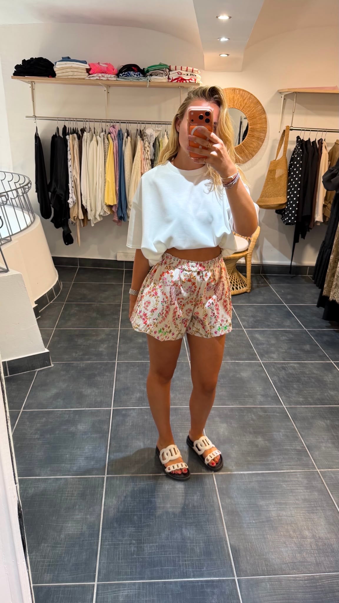 Short en coton Fleuri BELLA Ecru
