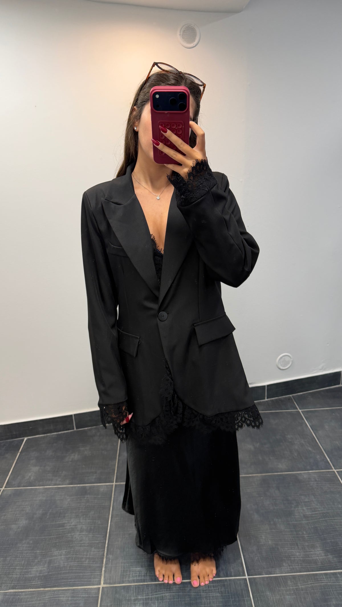 Blazer long finitions dentelle JOHAN Noir