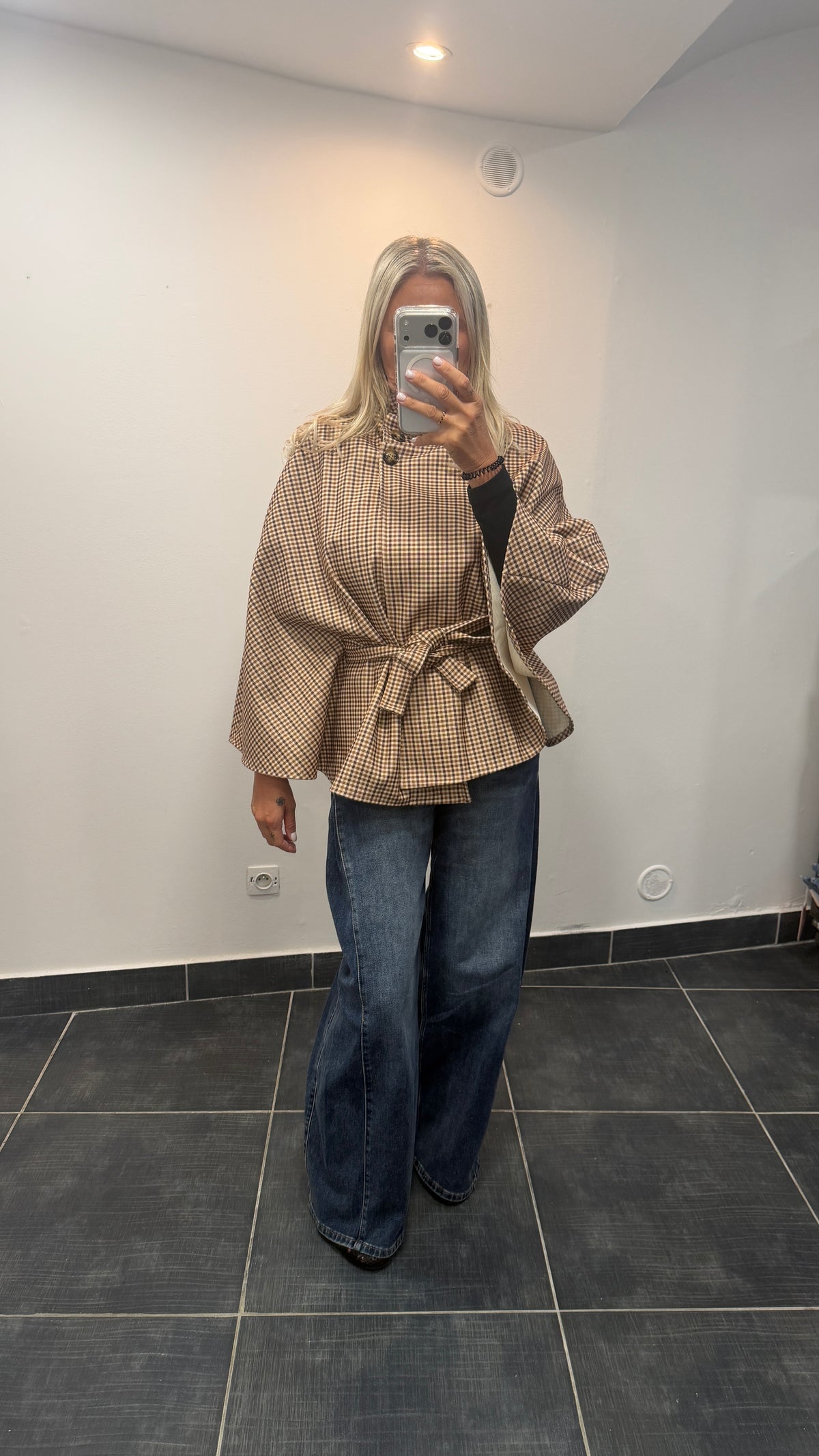 Cape à carreaux avec ceinture LENA Camel