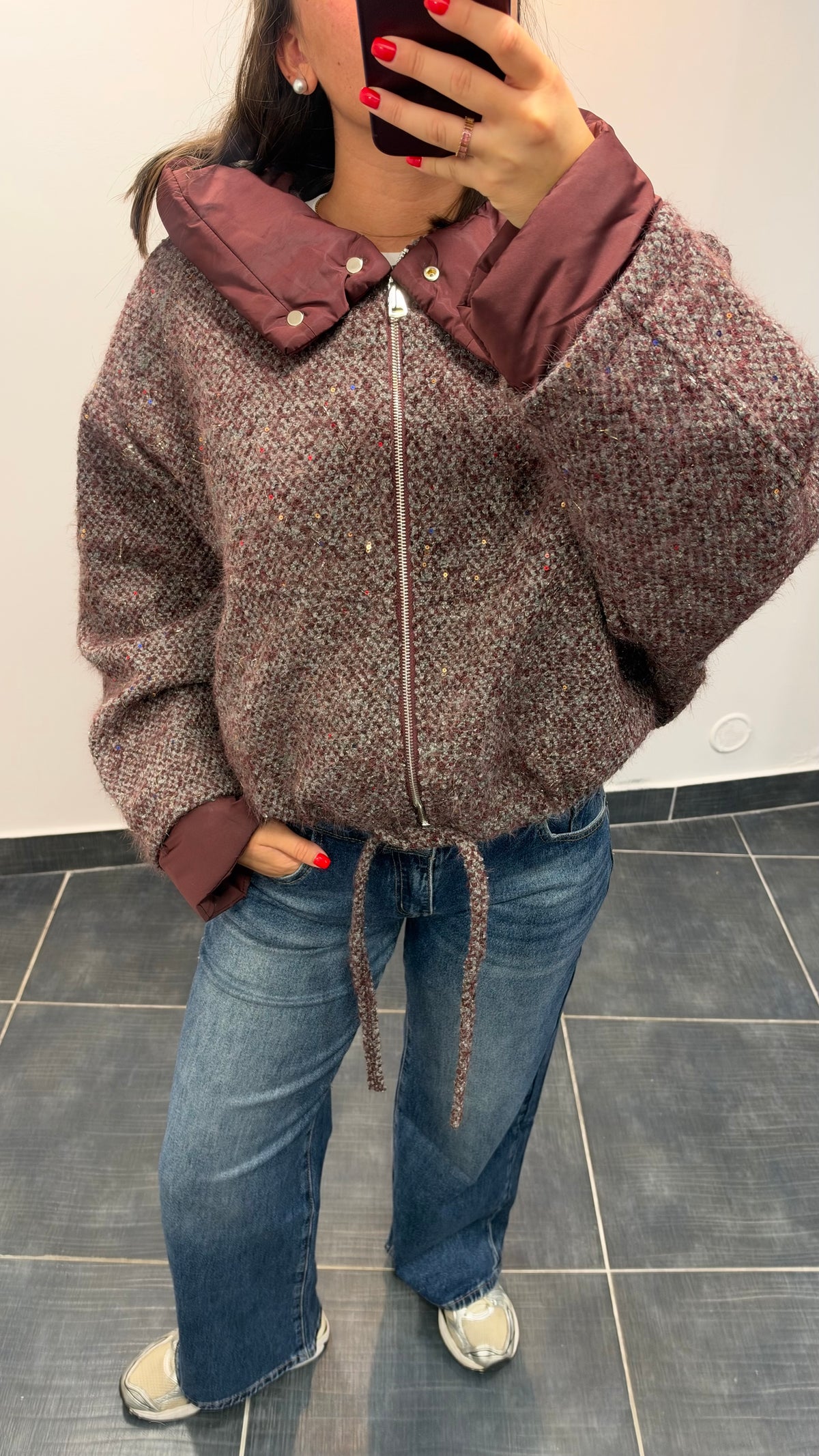 Veste zippée à capuche en Tweed FLUFFY Bordeaux
