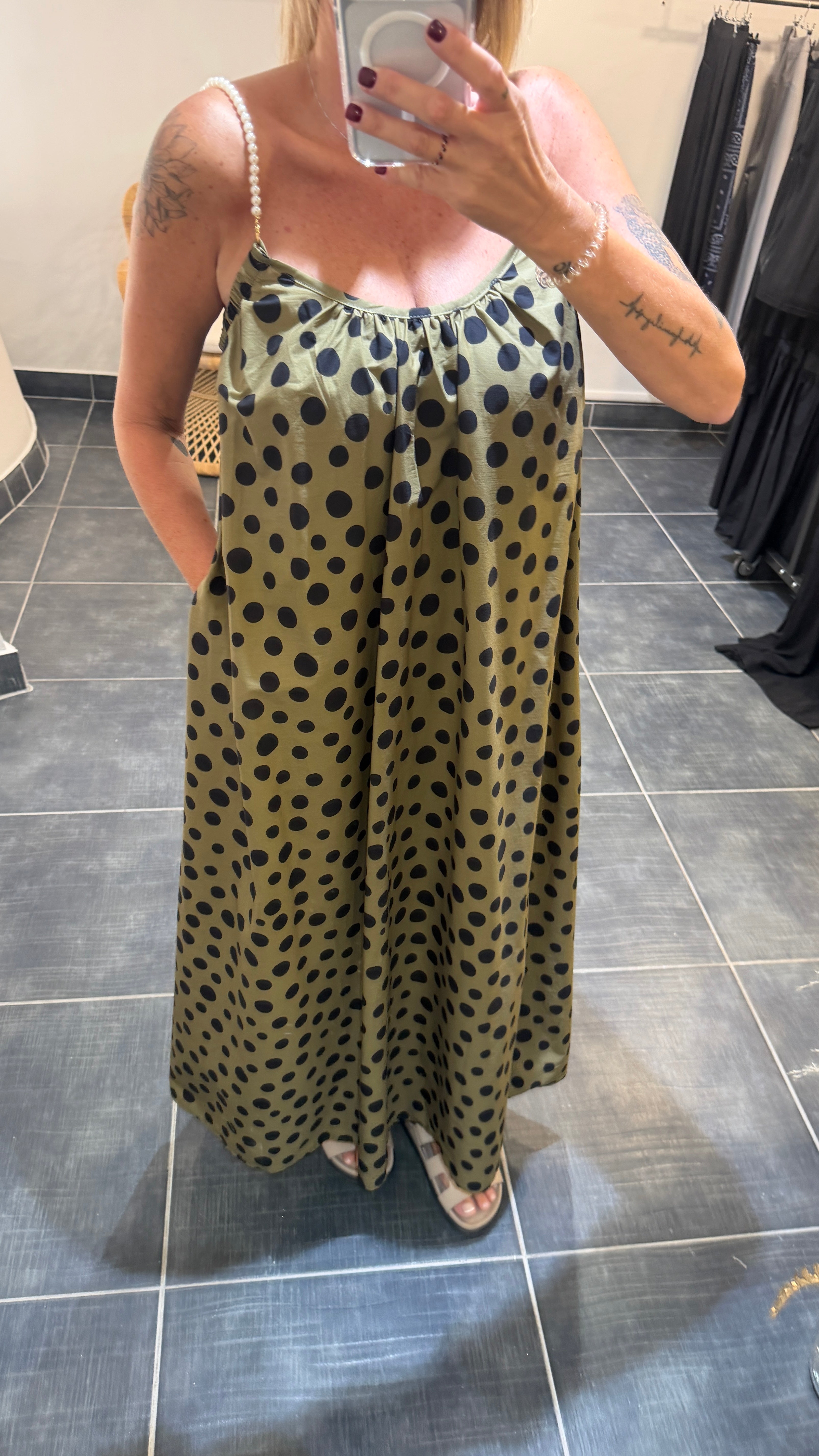 Robe Longue à pois Bretelles Perlées ELEA Kaki