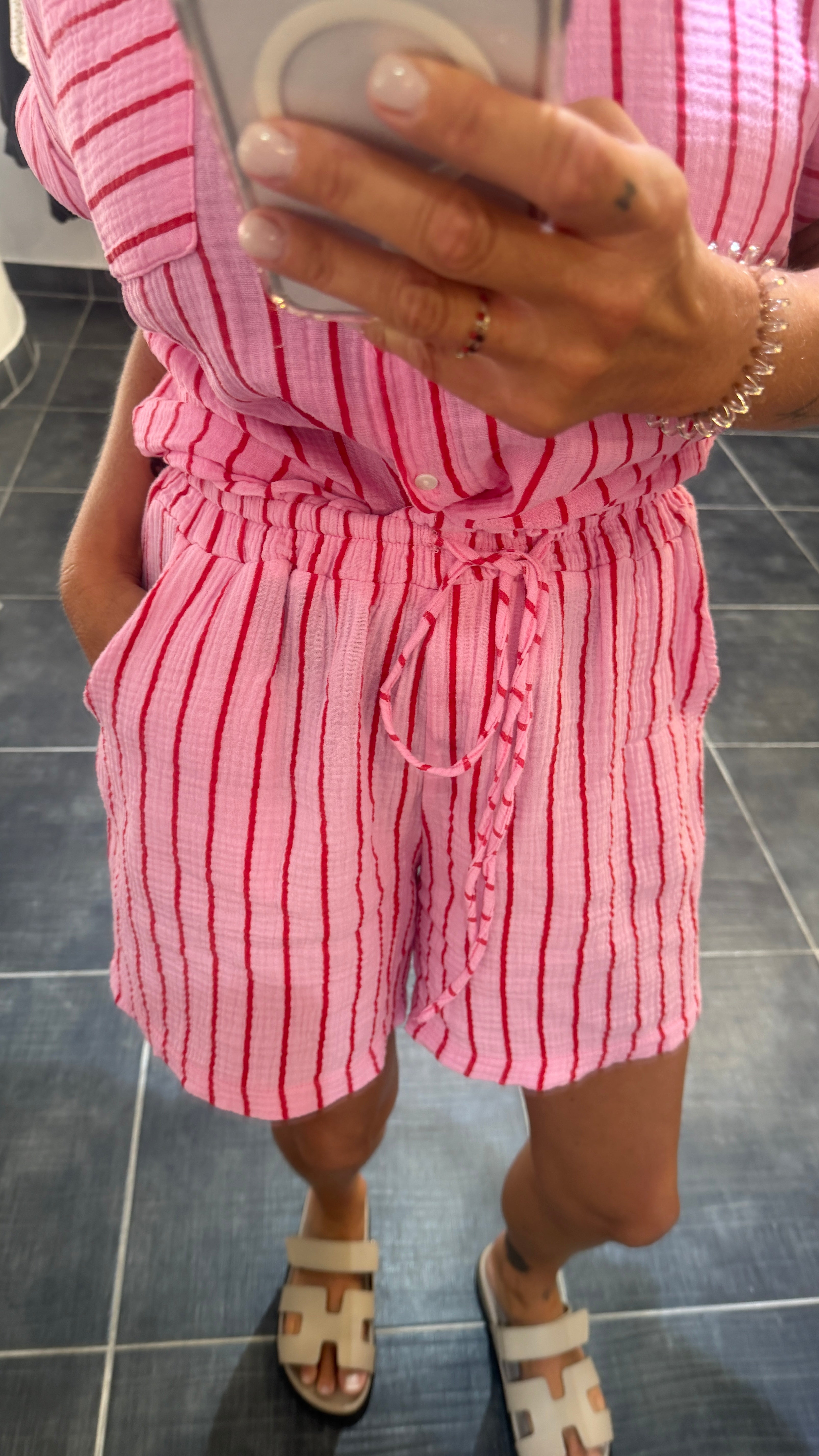 Short gaze de coton rayé NACCIA Rose
