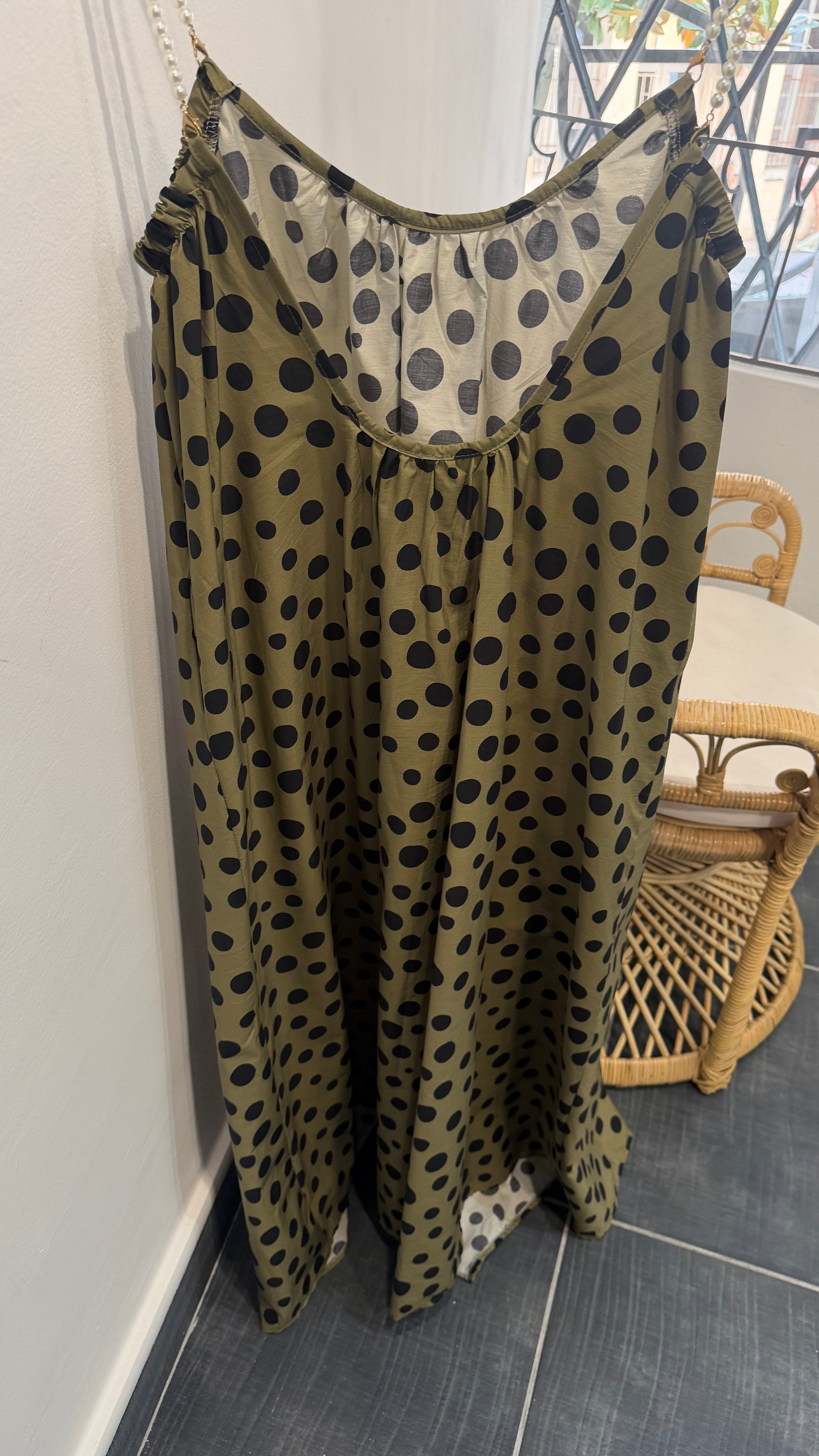 Robe Longue à pois Bretelles Perlées ELEA Kaki