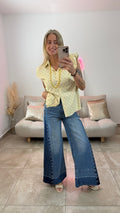 Chemise manches ballons vichy ROMANE Jaune/Bleu