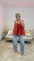 Top Bretelles Perles Fleuri AXEL Rouge